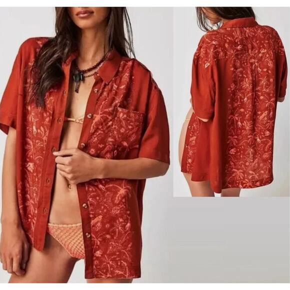 Free People Share Good Vibes Hawaiian Shirt Orange Size Medium - Picture 10 of 10